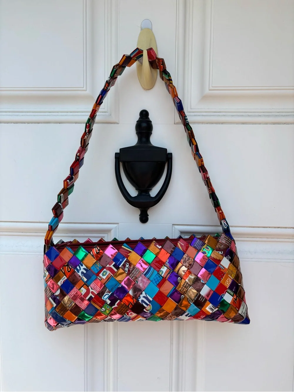 Vintage 1990s Handmade Woven Candy/Gum Wrapper Shoulder Bag Colorful Folk Art